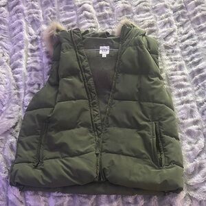 GAP Dark Green Puffer Vest with Fur Hood